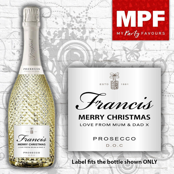 Personalised CHRISTMAS Prosecco Bottle LABEL Silver- Secret Santa XMAS Gift