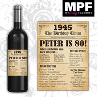 Personalised 1945 80th Birthday Wine/Gin/Vodka Bottle Label - Newspaper