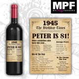 Personalised 1945 81st Birthday Wine Gin Vodka Bottle Label - Newspaper - Party