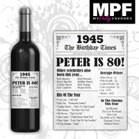 Personalised 1945 80th Birthday Wine/Gin/Vodka Bottle Label - Newspaper (White)