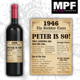 Personalised 1946 80th Birthday Wine Gin Vodka Bottle Label - Newspaper - Party