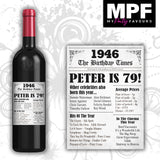Personalised 1946 79th Birthday Wine Gin Vodka Bottle Label - Newspaper - Party