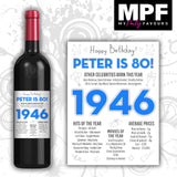 Personalised 1946 80th Birthday Wine Gin Vodka Bottle Label - Newspaper - Party