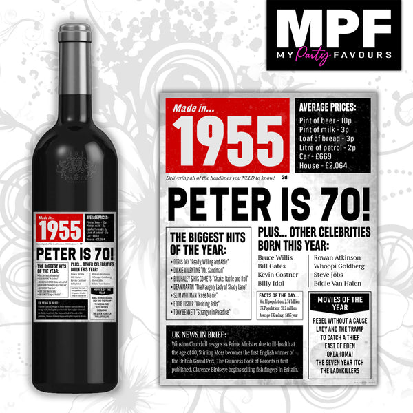 Personalised 1955 70th Birthday Wine/Gin/Vodka Bottle Label - Newspaper