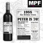 Personalised 1955 70th Birthday Wine/Gin/Vodka Bottle Label - Newspaper (White)