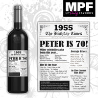 Personalised 1955 70th Birthday Wine/Gin/Vodka Bottle Label - Newspaper (White)
