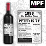 Personalised 1955 71st Birthday Wine Gin Vodka Bottle Label - Newspaper - Party