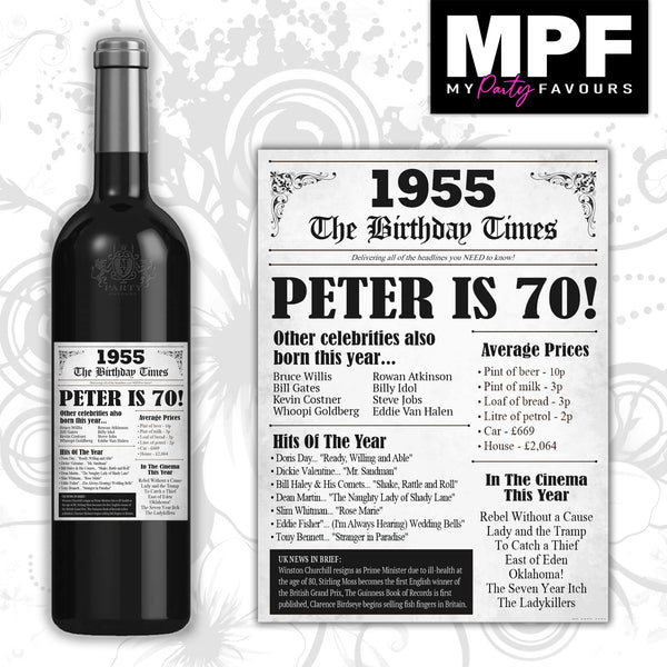 Personalised 1955 70th Birthday Wine/Gin/Vodka Bottle Label - Newspaper (White)
