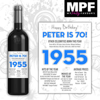 Personalised 1955 70th Birthday Wine Gin Vodka Bottle Label - Blue