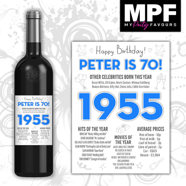Personalised 1955 70th Birthday Wine Gin Vodka Bottle Label - Blue