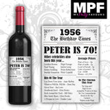 Personalised 1956 70th Birthday Wine Gin Vodka Bottle Label - Newspaper - Party