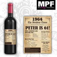 Personalised 1964 61st Birthday Wine Gin Vodka Bottle Label - Newspaper - Party