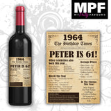 Personalised 1964 61st Birthday Wine Gin Vodka Bottle Label - Newspaper - Party