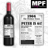 Personalised 1964 61st Birthday Wine Gin Vodka Bottle Label - Newspaper - Party