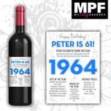 Personalised 1964 61st Birthday Wine Gin Vodka Bottle Label - Newspaper - Party