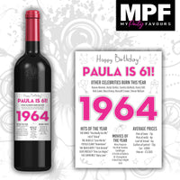 Personalised 1964 61st Birthday Wine Gin Vodka Bottle Label - Newspaper - Party