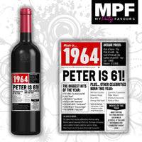 Personalised 1964 61st Birthday Wine Gin Vodka Bottle Label - Newspaper - Party