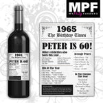 Personalised 1965 60th Birthday Wine/Gin/Vodka Bottle Label - Newspaper (White)