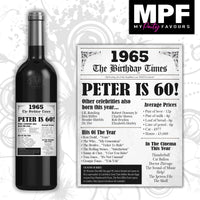 Personalised 1965 60th Birthday Wine/Gin/Vodka Bottle Label - Newspaper (White)