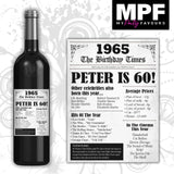 Personalised 1965 60th Birthday Wine Gin Vodka Bottle Label - Newspaper - Party