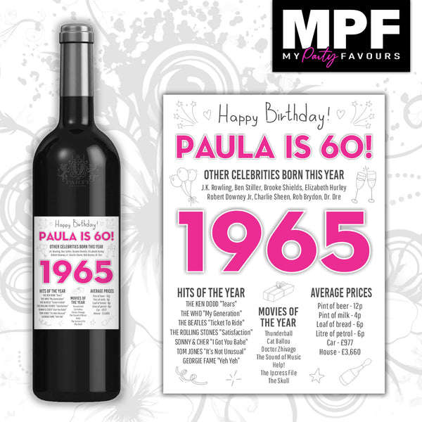 Personalised 1965 60th Birthday Wine Gin Vodka Bottle Label - Pink