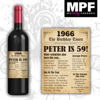 Personalised 1966 59th Birthday Wine Gin Vodka Bottle Label - Newspaper - Party