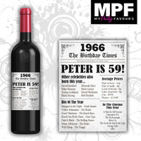 Personalised 1966 59th Birthday Wine Gin Vodka Bottle Label - Newspaper - Party