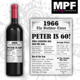 Personalised 1966 60th Birthday Wine Gin Vodka Bottle Label - Newspaper - Party