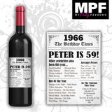 Personalised 1966 59th Birthday Wine Gin Vodka Bottle Label - Newspaper - Party