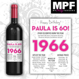 Personalised 1966 60th Birthday Wine Gin Vodka Bottle Label - Newspaper - Party