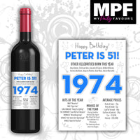 Personalised 1974 51st Birthday Wine Gin Vodka Bottle Label - Newspaper - Party