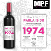 Personalised 1974 51st Birthday Wine Gin Vodka Bottle Label - Newspaper - Party