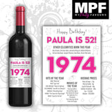 Personalised 1974 52nd Birthday Wine Gin Vodka Bottle Label - Newspaper - Party