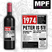Personalised 1974 51st Birthday Wine Gin Vodka Bottle Label - Newspaper - Party