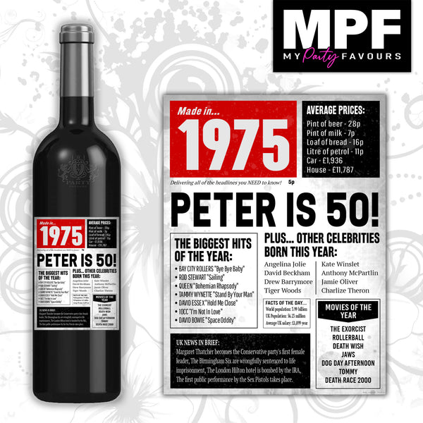 Personalised 1975 50th Birthday Wine Gin Vodka Bottle Label - Newspaper
