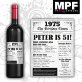 Personalised 1975 51st Birthday Wine Gin Vodka Bottle Label - Newspaper - Party
