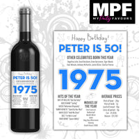 Personalised 1975 50th Birthday Wine Gin Vodka Bottle Label - Blue