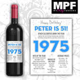 Personalised 1975 51st Birthday Wine Gin Vodka Bottle Label - Newspaper - Party