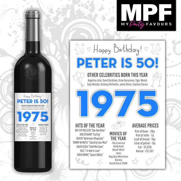Personalised 1975 50th Birthday Wine Gin Vodka Bottle Label - Blue