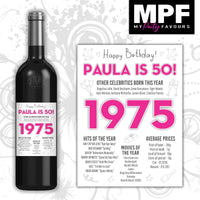 Personalised 1975 50th Birthday Wine Gin Vodka Bottle Label - Pink