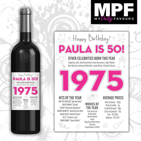 Personalised 1975 50th Birthday Wine Gin Vodka Bottle Label - Pink