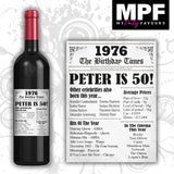 Personalised 1976 50th Birthday Wine Gin Vodka Bottle Label - Newspaper - Party