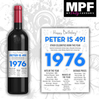 Personalised 1976 49th Birthday Wine Gin Vodka Bottle Label - Newspaper - Party