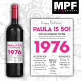 Personalised 1976 50th Birthday Wine Gin Vodka Bottle Label - Newspaper - Party
