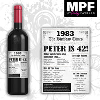 Personalised 1983 42nd Birthday Wine Gin Vodka Bottle Label - Newspaper - Party