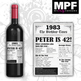 Personalised 1983 42nd Birthday Wine Gin Vodka Bottle Label - Newspaper - Party