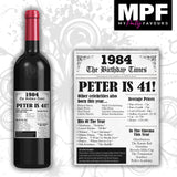 Personalised 1984 41st Birthday Wine Gin Vodka Bottle Label - Newspaper - Party