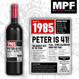 Personalised 1985 41st Birthday Wine Gin Vodka Bottle Label - Newspaper - Party
