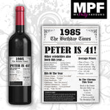 Personalised 1985 41st Birthday Wine Gin Vodka Bottle Label - Newspaper - Party