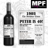 Personalised 1985 40th Birthday Wine Gin Vodka Bottle Label - Newspaper - Party